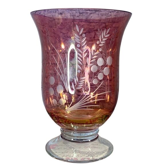 Lenox Etched Cranberry Hurricane Glass Candelabra Vase 9 Inch Crystal Vase - Picture 1 of 6